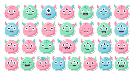 Fototapeta premium Cute Monster Sticker Collection featuring colorful cartoon alien faces with various expressions and horns in pastel colors, ideal for children's stationery and perfect for digital scrapbooking.