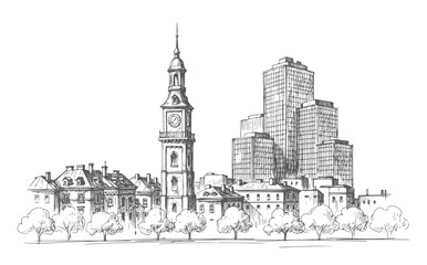 Fototapeta premium Of historic buildings and modern skyscrapers with trees city skyline architecture