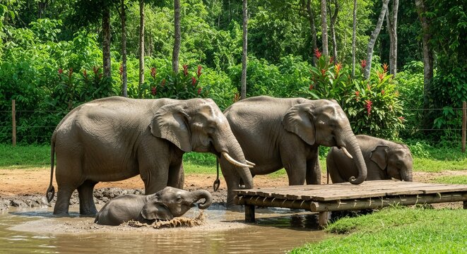 Elephants bathing in a mud wallow with a playful calf, tall trees and feeding platform