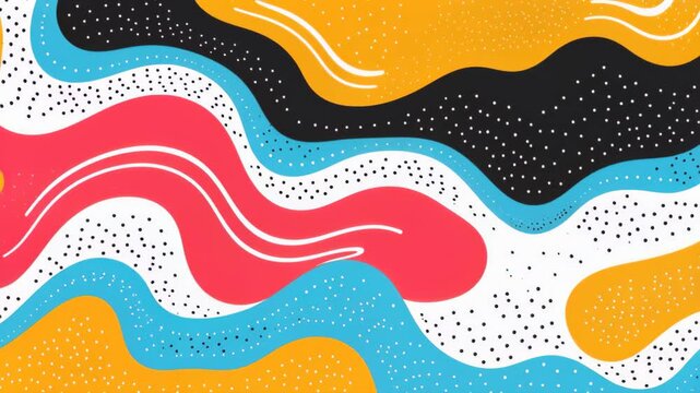 Abstract Waves and Dots Pattern: A vibrant abstract pattern featuring flowing waves in coral, blue, yellow, and black, interspersed with small dots, creating a dynamic and energetic visual.