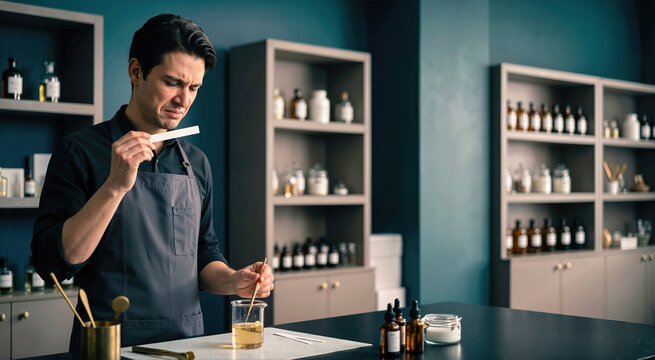 Male perfumer in dark charcoal apron recoiling with disgusted expression while smelling blotter strip. Professional fragrance creator working with amber liquid in laboratory setting with shelves