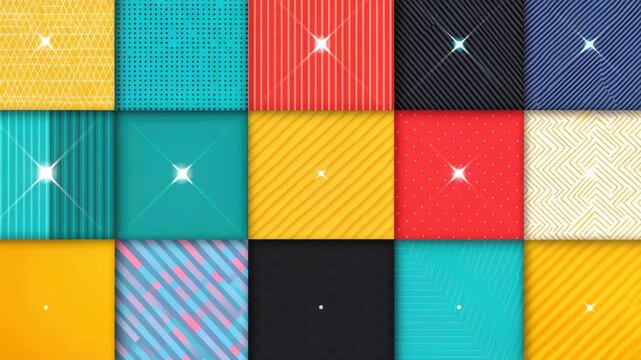 Abstract Colorful Geometric Pattern Background: A vibrant and dynamic composition featuring a grid of colorful squares, each adorned with unique geometric patterns and subtle highlights.