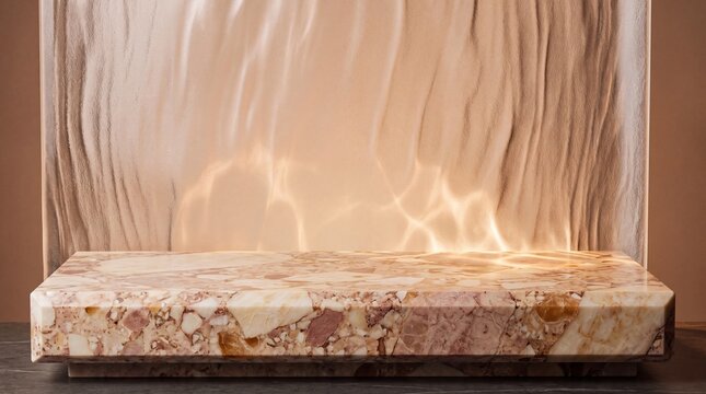 Warm Breccia Marble Pedestal and Textured Sand Cast Glass Wall Backdrop with Diffused Glow for Perfume Mockup