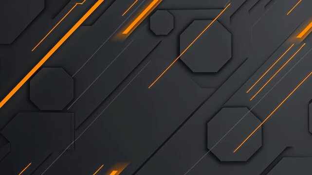 Futuristic Dark Technology Background: A dark, sophisticated background featuring geometric octagons and sharp, glowing orange lines creates a modern, high-tech aesthetic.