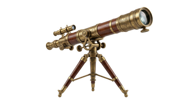 Antique brass telescope with wooden tripod for astronomical exploration and scientific discovery