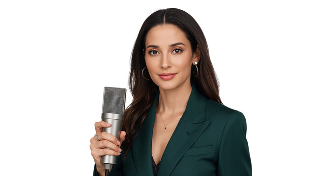 Confident Professional Woman Host Holding Condenser Microphone for Podcast and Interview Isolated
