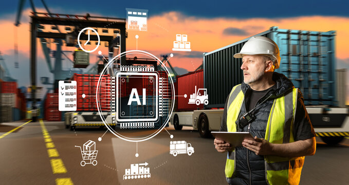 Port logistics, operator uses a tablet to manage AI-powered container handling, cargo transport, automated vehicles and smart terminal operations.