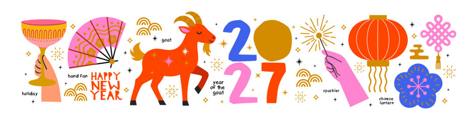 Naklejka premium Year of the Goat. Happy Chinese New Year! 2027. Vector cute illustrations of goat, fan, sparklers in hand, Chinese lanterns and festive objects on a transparent background for icons or greeting card 