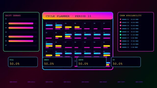 A digital shift scheduler interface displayed across three glowing panels showing professional resource management grids with vibrant pink and blue metrics for efficient workforce planning tasks