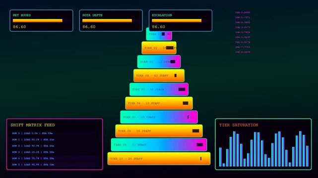 A glowing digital shift scheduler display presents complex numeric data and tiered pyramids within a dark environment featuring shifting vibrant light bars and scrolling information modules