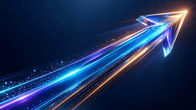 Abstract crystal arrow moving forward with blue and orange light streaks and glowing particles on dark blue background representing progress and speed