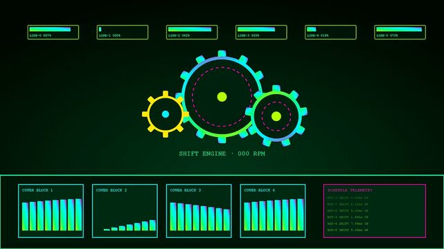 A digital shift scheduler interface displays rotating mechanical gears and graphical data metrics which transition between active state operation and idle mode in a dark green environment