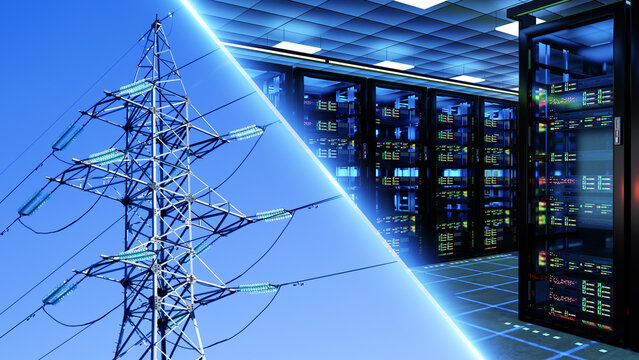 Data center infrastructure, server racks operate alongside high-voltage power transmission, linking digital computing systems with the electrical grid.
