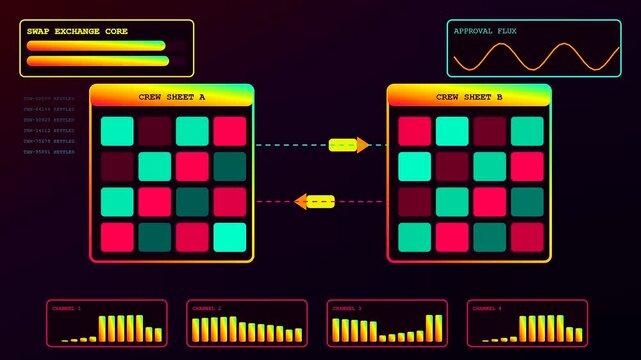 A digital shift scheduler interface displays animated data flow between crew sheet modules across three distinct frames showing network synchronization in a dark studio setting