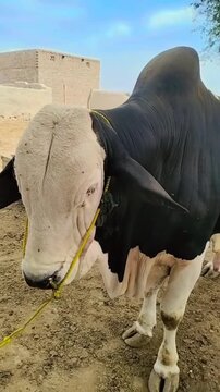 Majestic black and white bull with massive hump and large floppy ears standing outdoors on a rural farm video footage