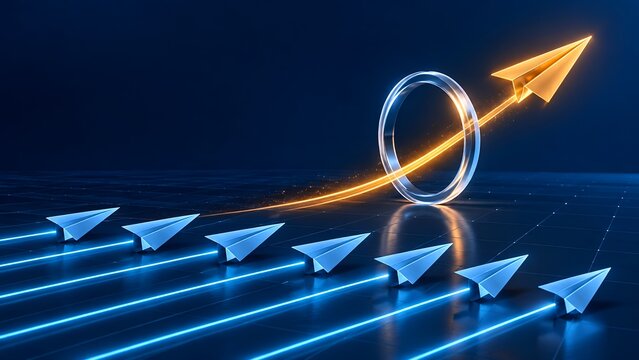 Golden paper airplane breaks through a glowing ring leading a line of blue paper airplanes on a futuristic grid background symbolizing success and innovation