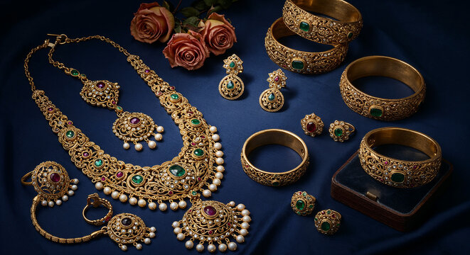 Luxury traditional Indian gold necklace and jewelry set with gemstones
