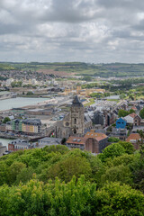 Fototapeta premium Views from view point on cliffs of Le Treport, seaside resort in Normandy, France, with white cliffs along English Channel, fishing industry and old buildings, travel destination in France