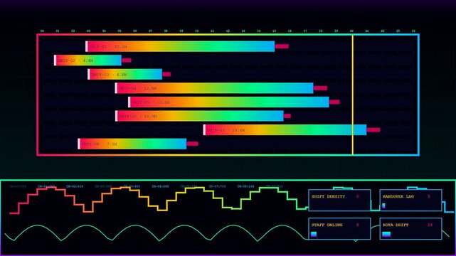 a colorful shift scheduler dashboard displaying multiple bar charts and line graphs showing digital metrics for monitoring active work cycles in a modern software interface