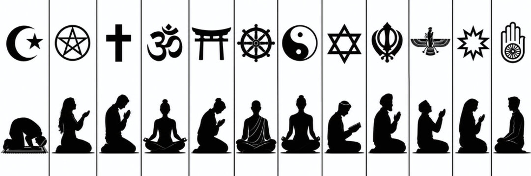 Religious symbols and people praying in silhouette
