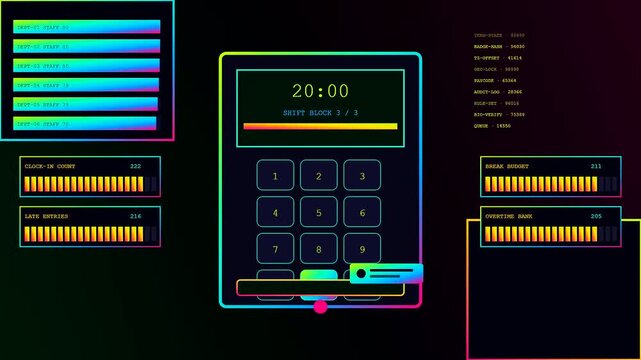 A digital shift scheduler interface displayed on three separate screens featuring glowing neon graphics and numerical data counters for professional work flow management and tracking