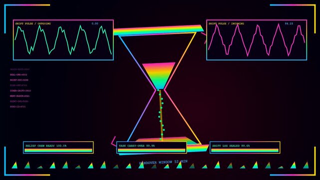A digital shift scheduler interface glows with vibrant spectral hourglass graphics displaying metrics data across multiple panels for efficient workforce monitoring in a dark computer environment