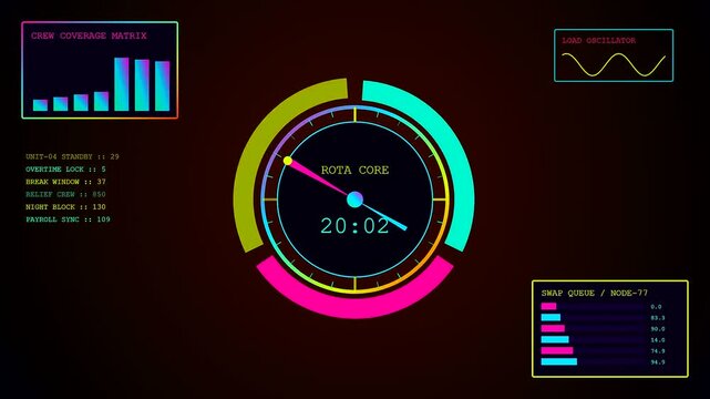A digital shift scheduler interface displays rotating clock dials alongside fluctuating colorful data charts that cycle through changing temporal values in a modern monitoring dashboard system