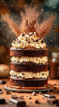 Decadent chocolate layer cake with fluffy cream frosting. Vertical photo of cocoa powder bursting in a dynamic explosion over a sweet dessert on a dark background