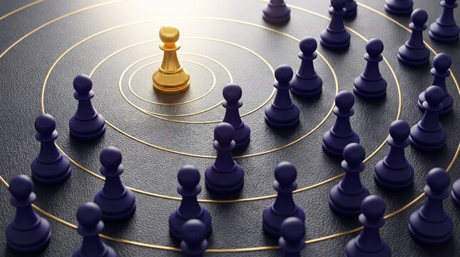 Golden Chess Pawn Stand Out from the Crowd of Dark Pawns for Leadership and Individuality Concept