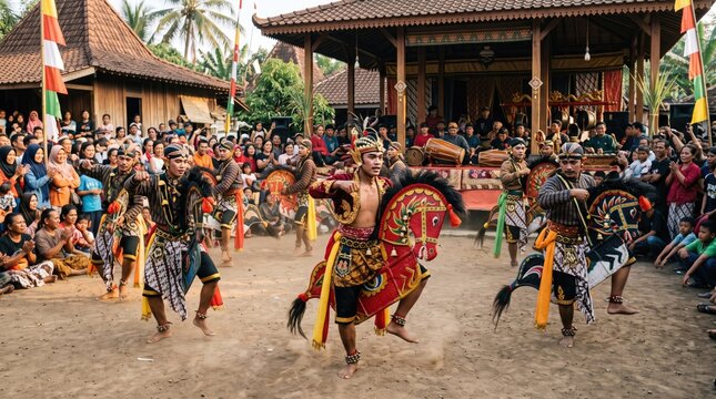 Traditional Jathilan dancers performing folk horse dance during cultural celebration in village