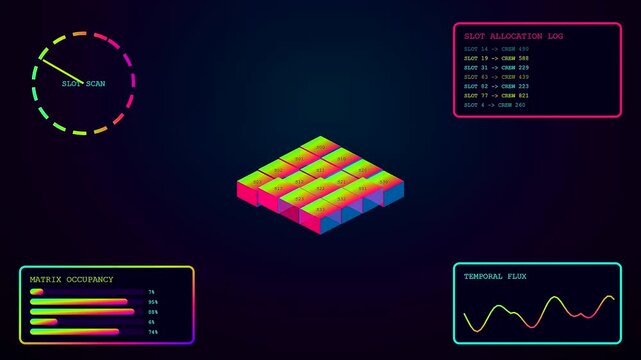 Three panel digital shift scheduler interface displays rotating isometric glowing modular cubes with shifting data logs and fluctuating neon line graphs on a dark black screen