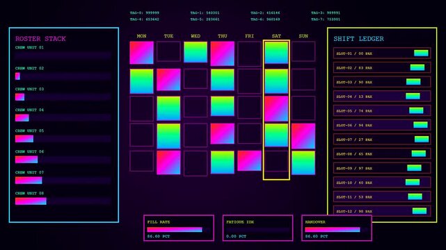 A digital shift scheduler interface displays complex workforce management metrics with bright neon data bars and colorful grid schedules on a dark void computer monitor screen