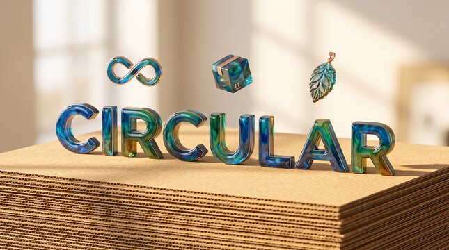 Premium circular economy concept of 3D ocean plastic text on recycled cardboard with floating luxury icons, golden light and copy space