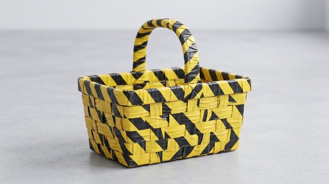 A retail shopping basket woven tightly from yellow and black caution tape representing the hazardous risks of impulsive consumer spending.