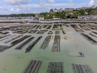 Aerial drone view of underwater oyster farms in Cancale, Brittany, exposed during low tide, raditional sustainable aquaculture and production of premium French oysters, France © barmalini