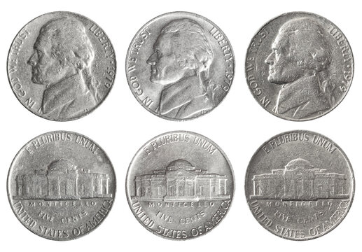 Isolated photo USA 5 cent 1979 coins of on white background.