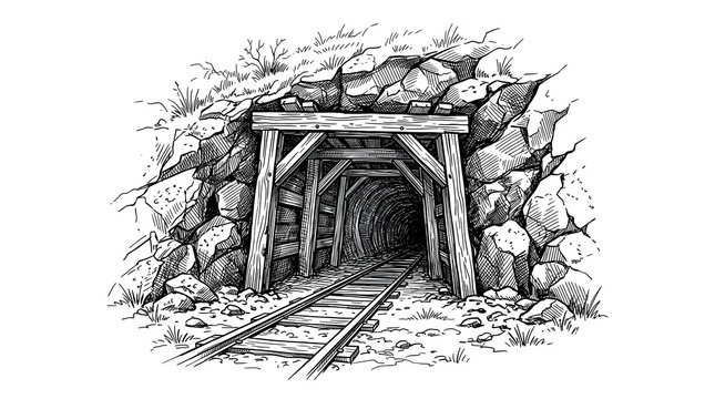 Detailed black and white hand drawn ink sketch illustration of an old mine entrance shaft with heavy timber wooden beam supports and narrow railway tracks leading into a dark cave. 