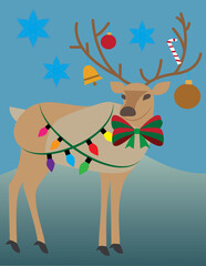 A vector art about celebrating christmas during winter season with decorated reindeer, with background. © RoseAnn