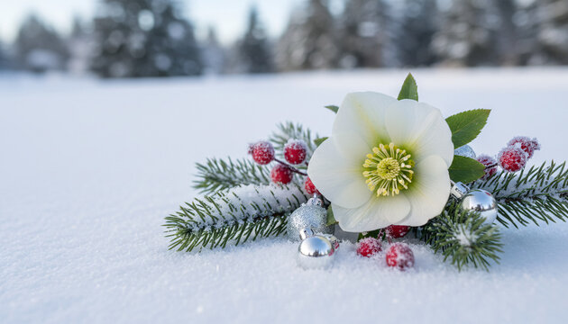 A white hellebore christmas rose in snow, arranged with festive care, bright airy daylight