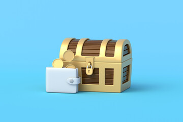 Secure cryptocurrency storage. Long term investment. Future retirement fund. Turning everyday savings into real wealth. Capital creation. Treasure chest beside wallet. 3d render © OlekStock