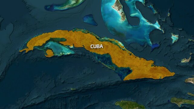 Cuba island satellite view animation showing digital geographic motion map footage