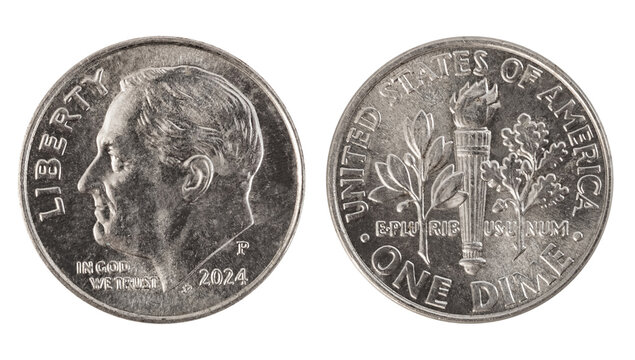 Isolated photo of USA 10 cent or dime 2024 coins of on white background.