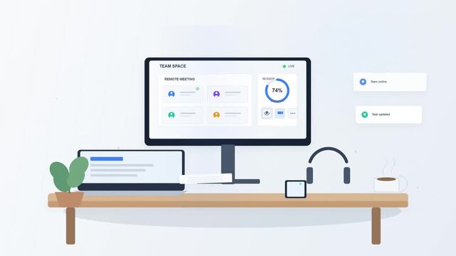 Modern office desk setup with computer monitor and digital dashboard