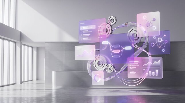 Futuristic Digital Data Management System with Glowing Holographic Interfaces and Mechanical Gears in a Modern Bright Office Interior Representing Swift Performance and Business Optimization