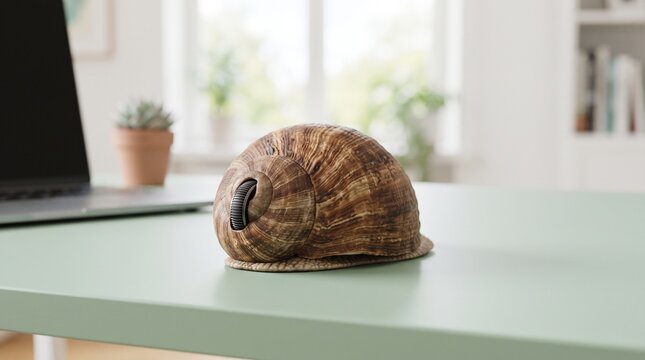 A computer mouse meticulously carved from a spiraling brown snail shell representing the slow organic pace of natural digital technology.