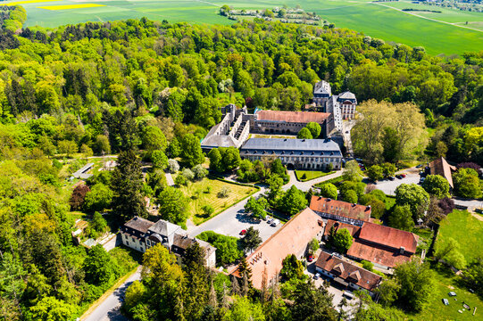 Aerial view of Arnsburg monastery near Lich, Arnsburg, Hesse, Germany,