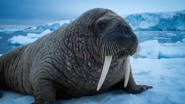 Walrus Resting on Arctic Ice Floe with Large Tusks and Whiskers