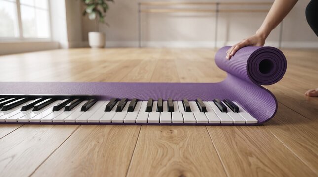 A rubber yoga mat unrolling seamlessly into a classic black and white piano keyboard representing the harmonic physical balance of musical therapy.