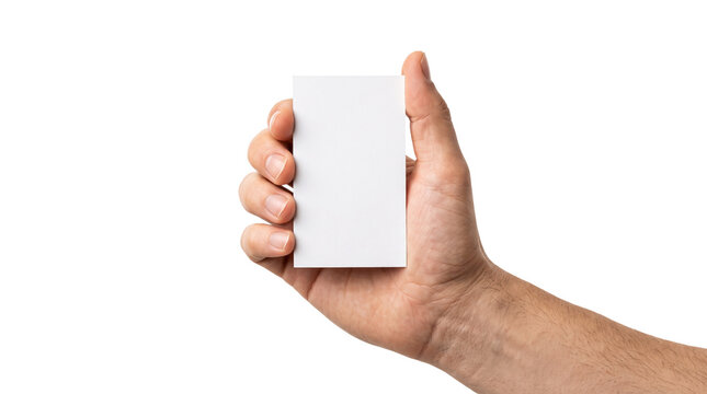 Human hand holding vertical blank business card mockup template isolated on transparent background