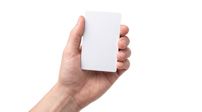 Blank white business card held vertically in human hand for corporate identity mockups on transparent background